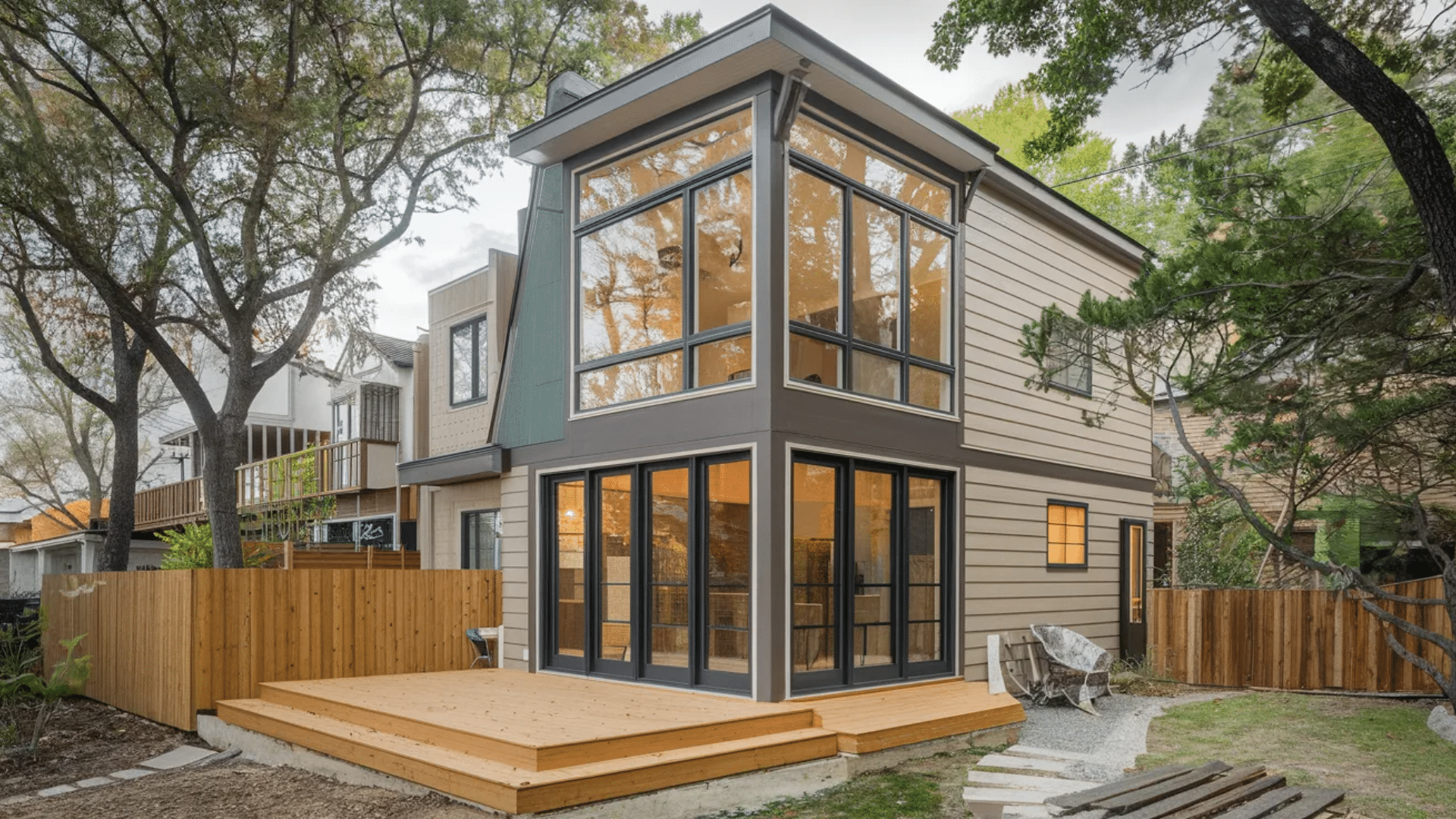 modern two story house with large glass windows wooden deck fenced backyard and trees surrounding the exterior of the home