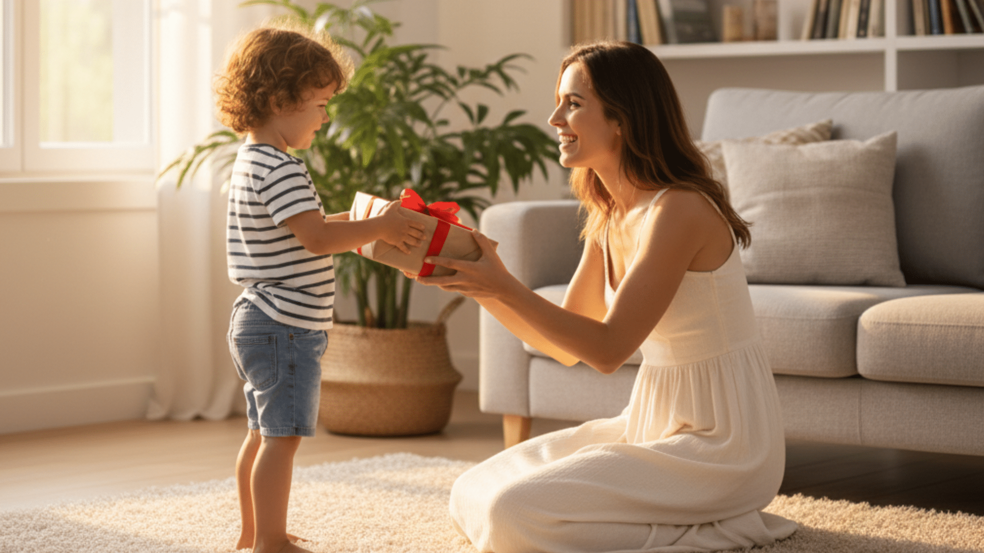 mom receiving a gift from her young child in a cozy living room