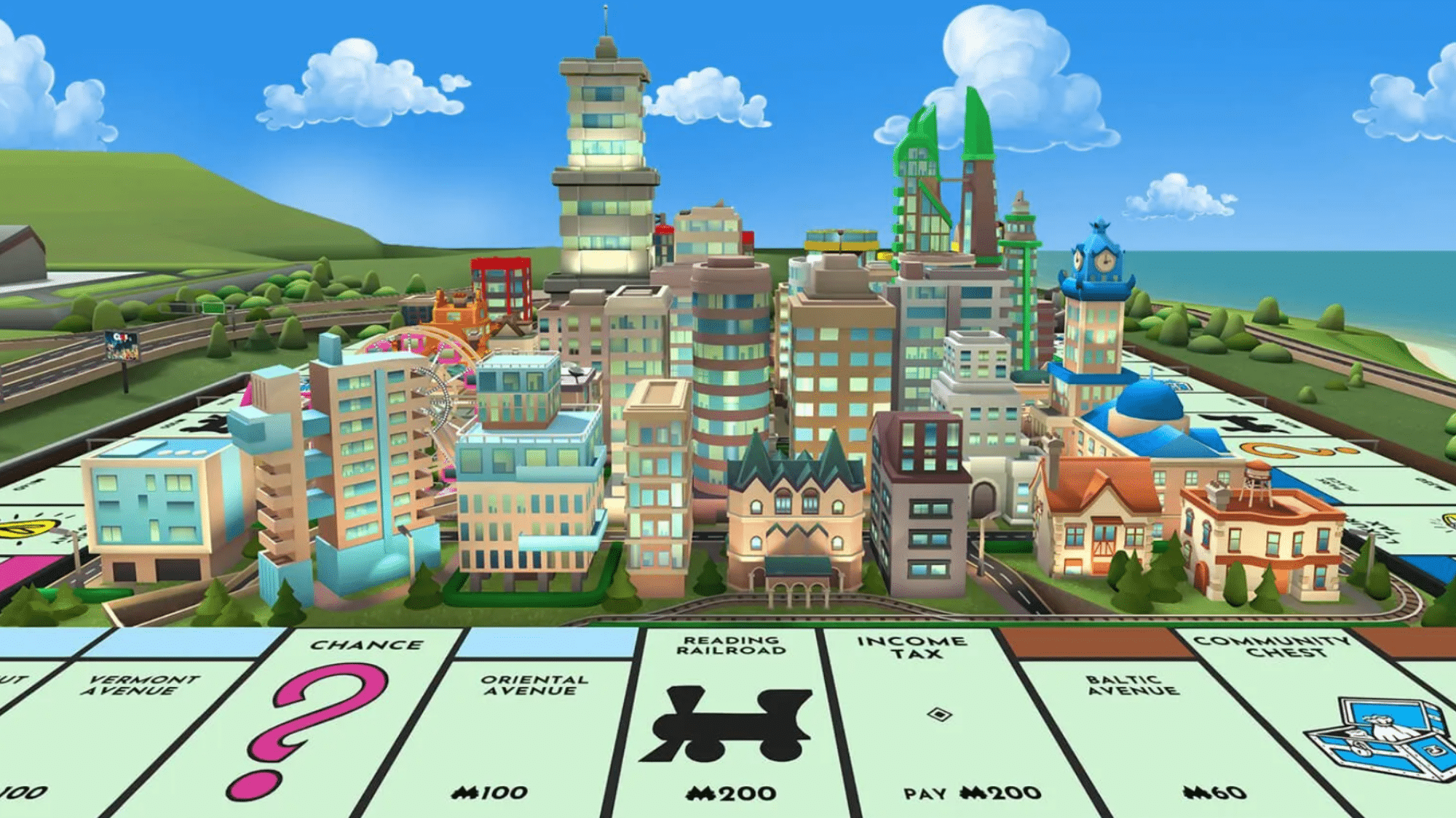 monopoly virtual game board showing colorful properties and animated city building