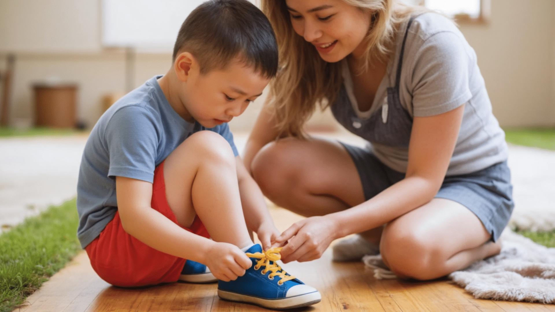 mother guiding her child through tying shoelaces at home with an easy step by step learning approach.