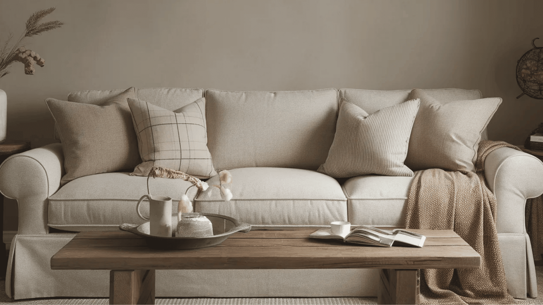 neutral-toned sofa with cozy pillows and a soft throw, paired with a rustic wooden coffee table, creating a warm, inviting living room