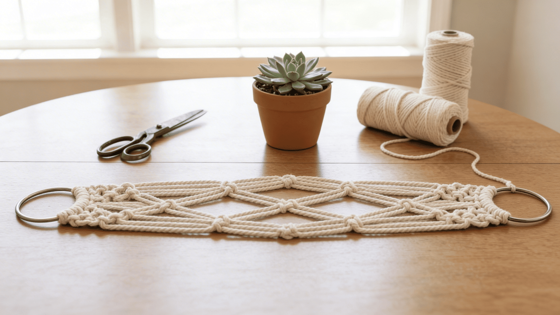 off-white macramé plant hanger in progress on a wooden table with scissors, a potted succulent, and spools of cotton cord.