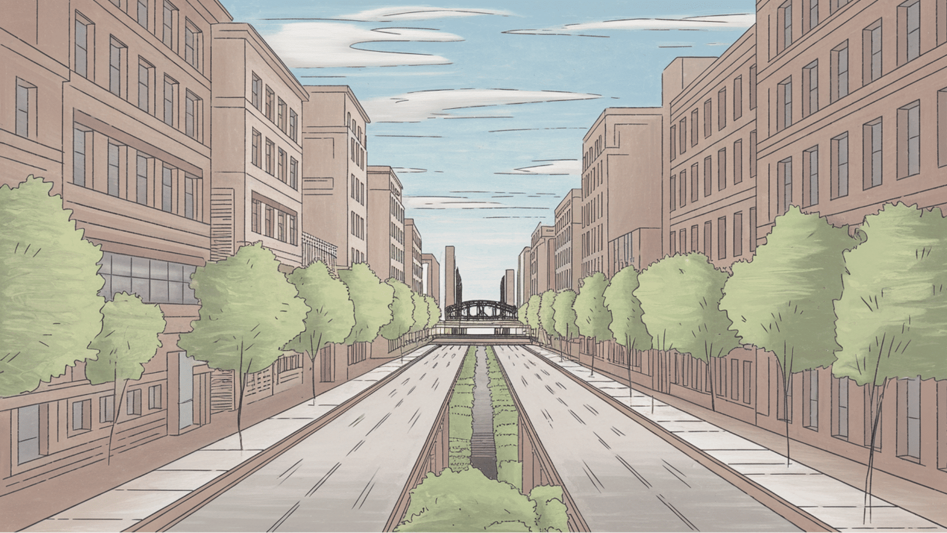 one-point perspective drawing of a city street with buildings leading to a vanishing point.