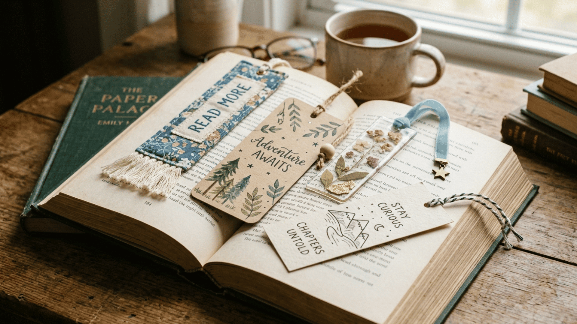 open book on wooden table with decorative bookmarks coffee cup and stacked books near window creating cozy reading setup