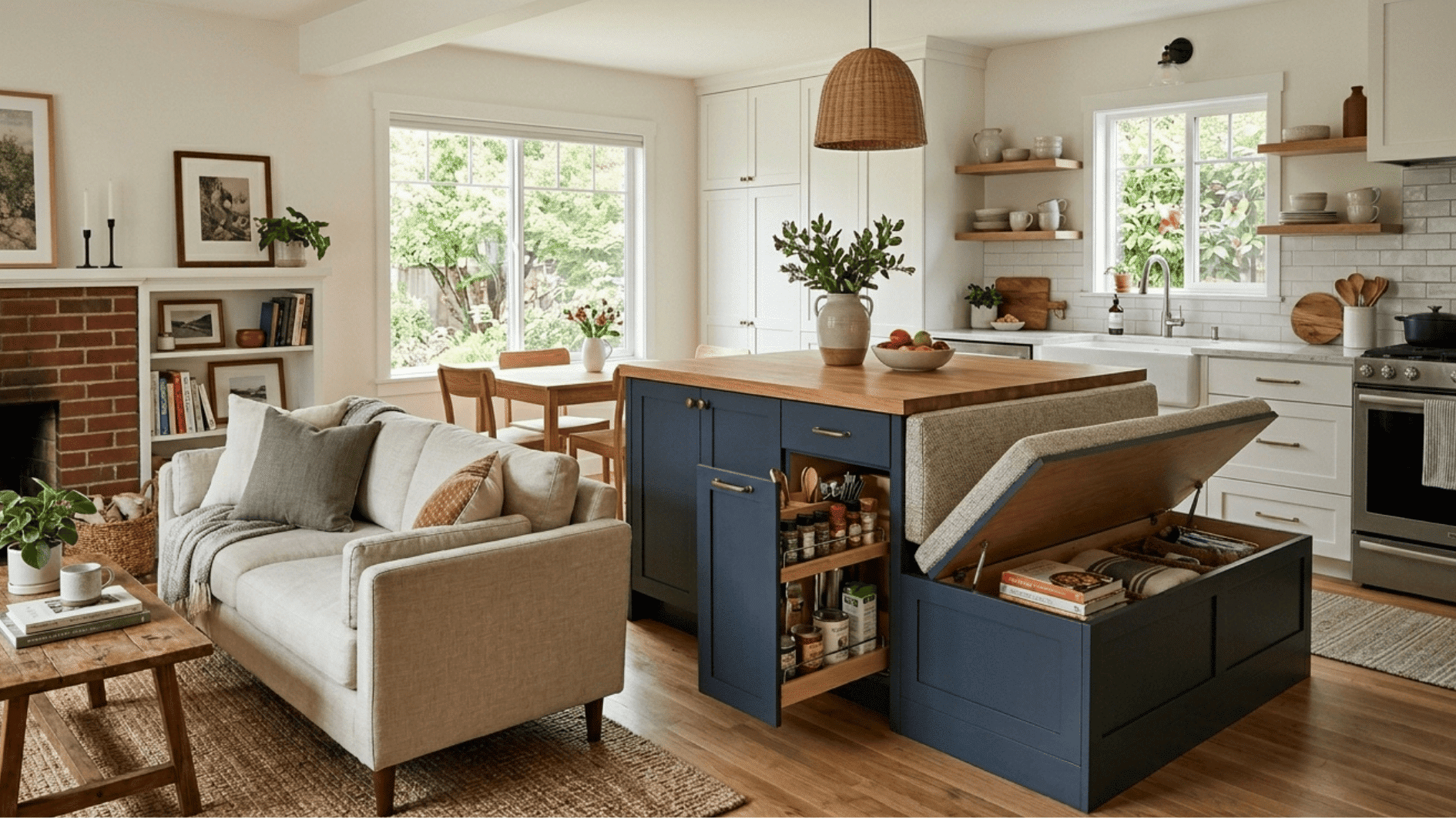 open-concept living room and kitchen with blue storage island, beige sofa, brick fireplace, and large windows letting in natural light. (1)