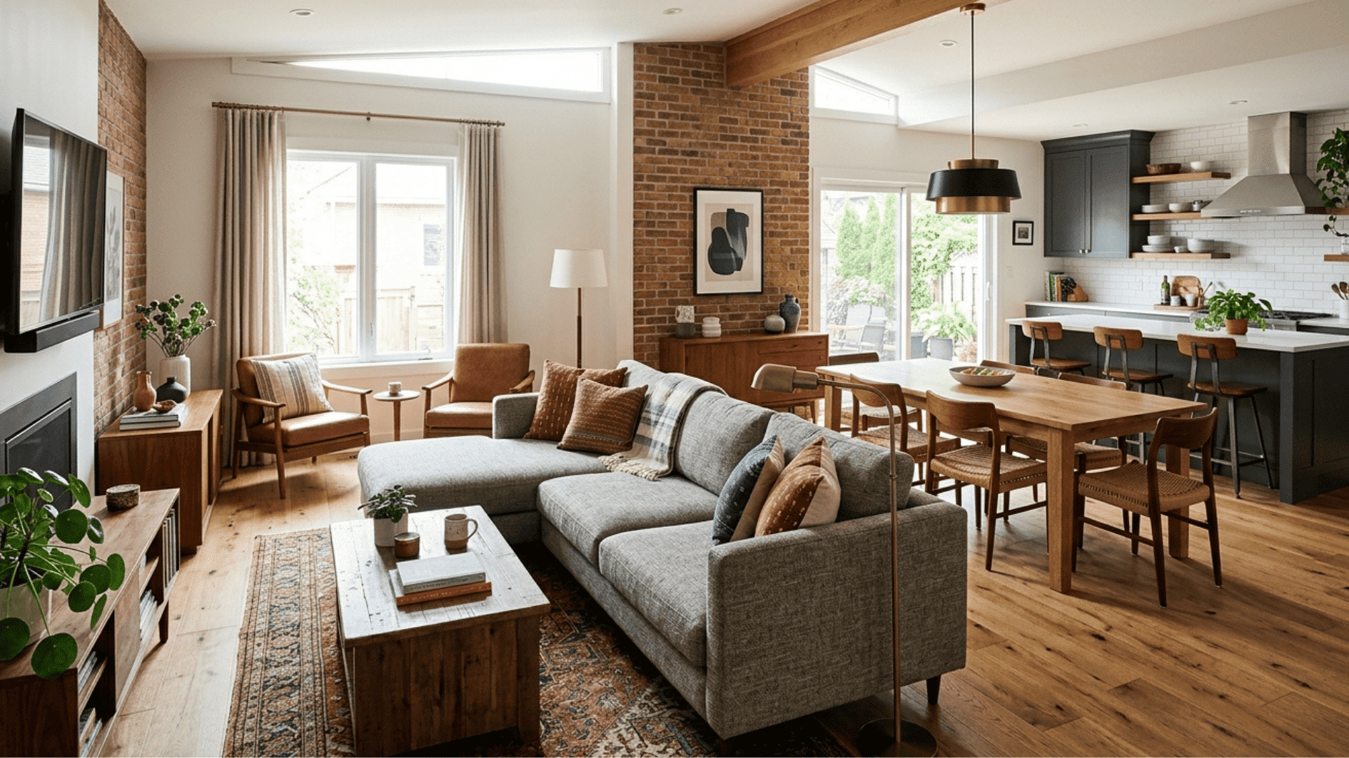 open concept living room and kitchen with brick wall wood furniture dining table and cozy decor