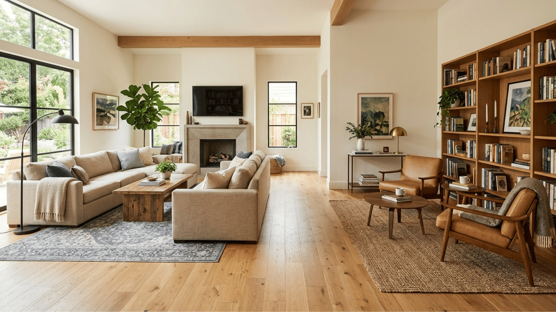 open living room with sofa seating area, fireplace, reading nook with chairs, bookshelves, and large windows