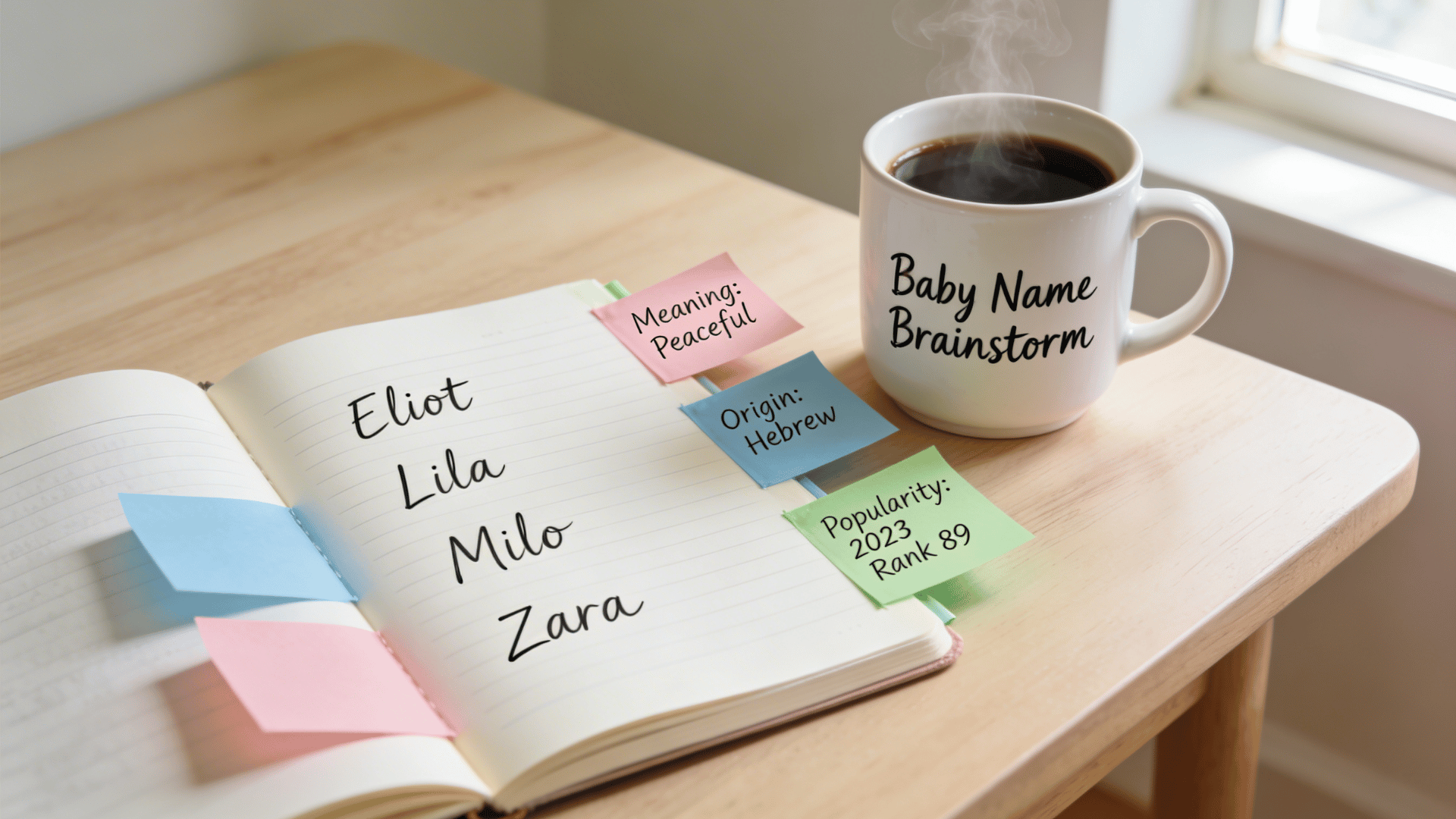 open notebook with baby name ideas and sticky notes beside a steaming “Baby Name Brainstorm” mug on a wooden table.