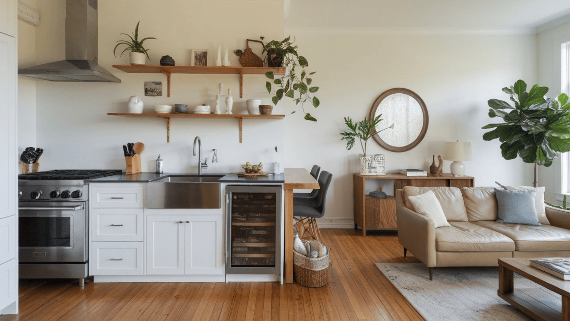 open shelf set up with connected living room image