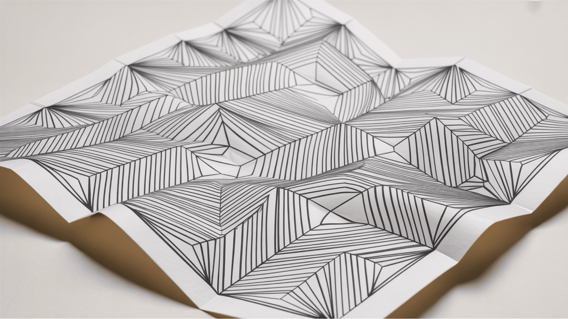 optical illusion line drawing on folded paper creating a three-dimensional geometric pattern.