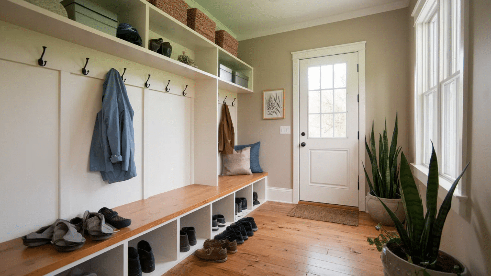 organized mudroom with bench and cubbies wall hooks hanging coats shelves with baskets shoes below and white door with window