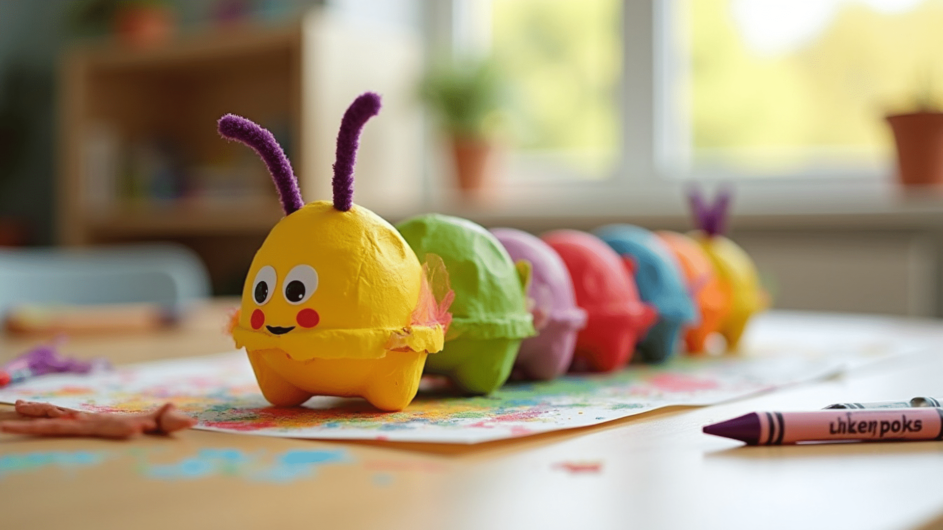 painted egg carton caterpillar with each cup a different color googly eyes and pipe cleaner antennae