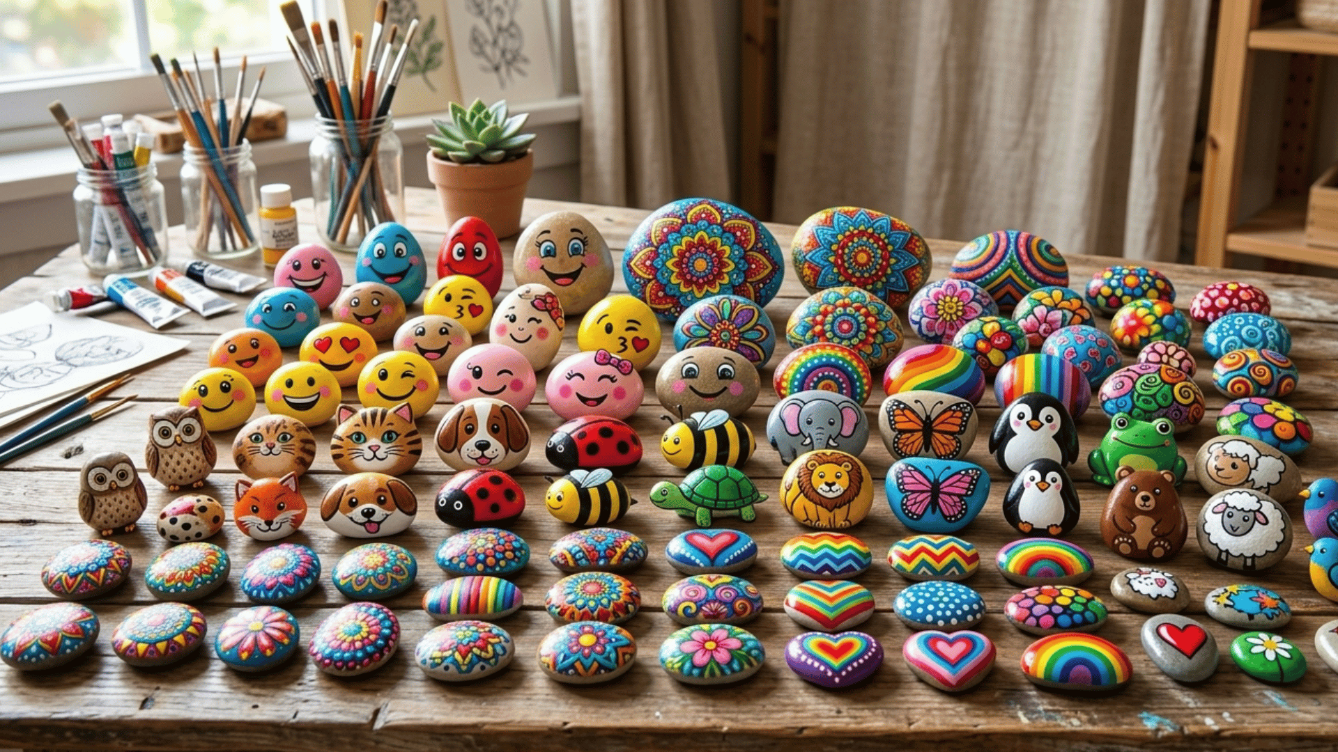 painted rocks with faces, animals, and bright patterns arranged on a table