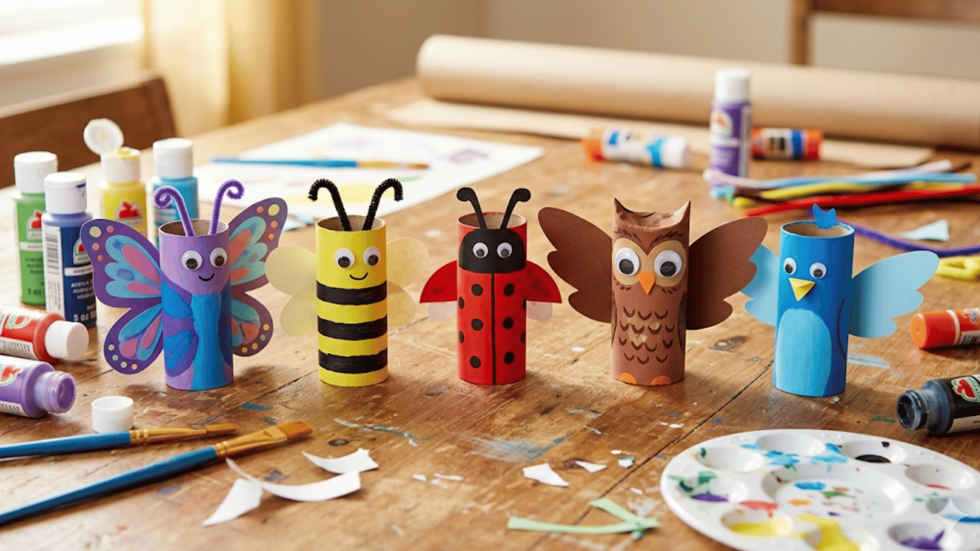 painted toilet paper roll animals with googly eyes and paper wings on a craft table