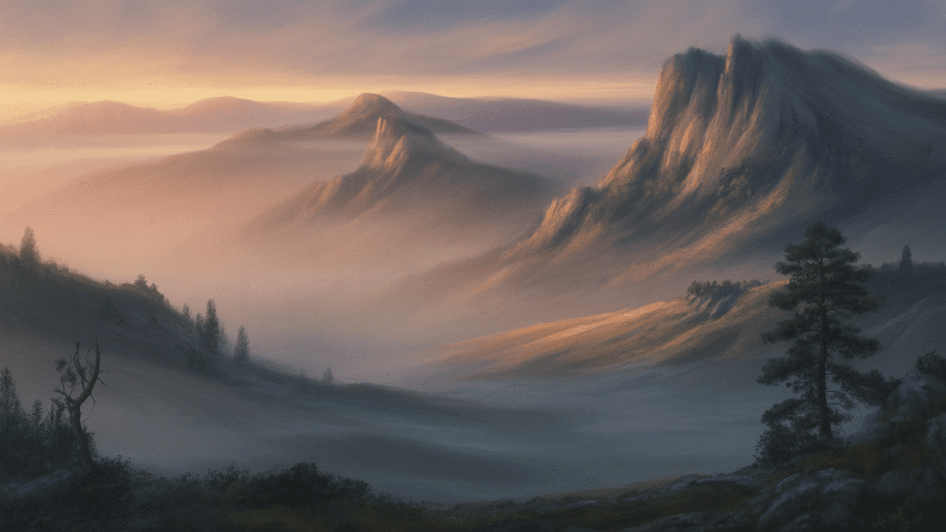 painterly digital landscape showing misty mountain valley at sunrise with soft brush strokes, atmospheric light, and natural scenery