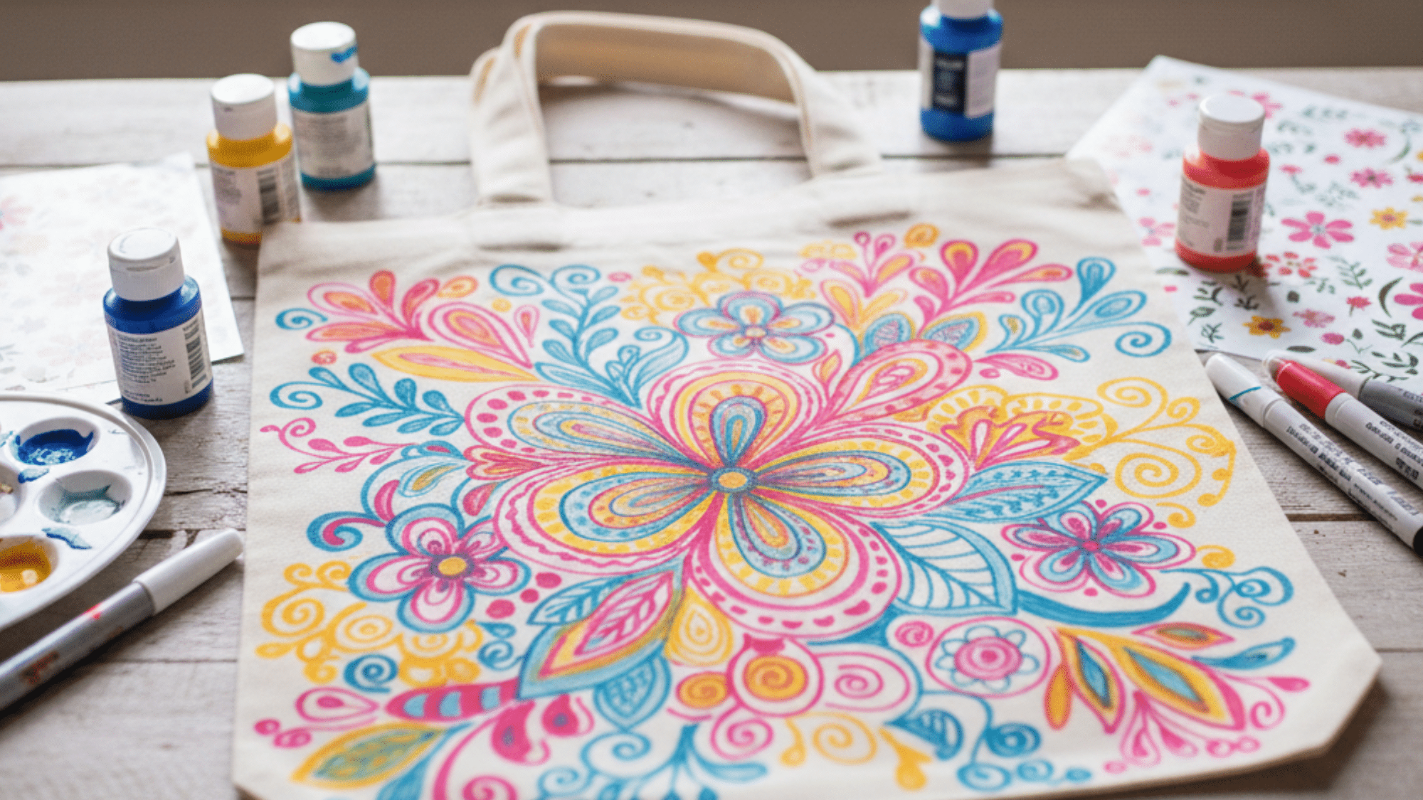 painting a custom tote bag with colorful designs and paints on a craft table