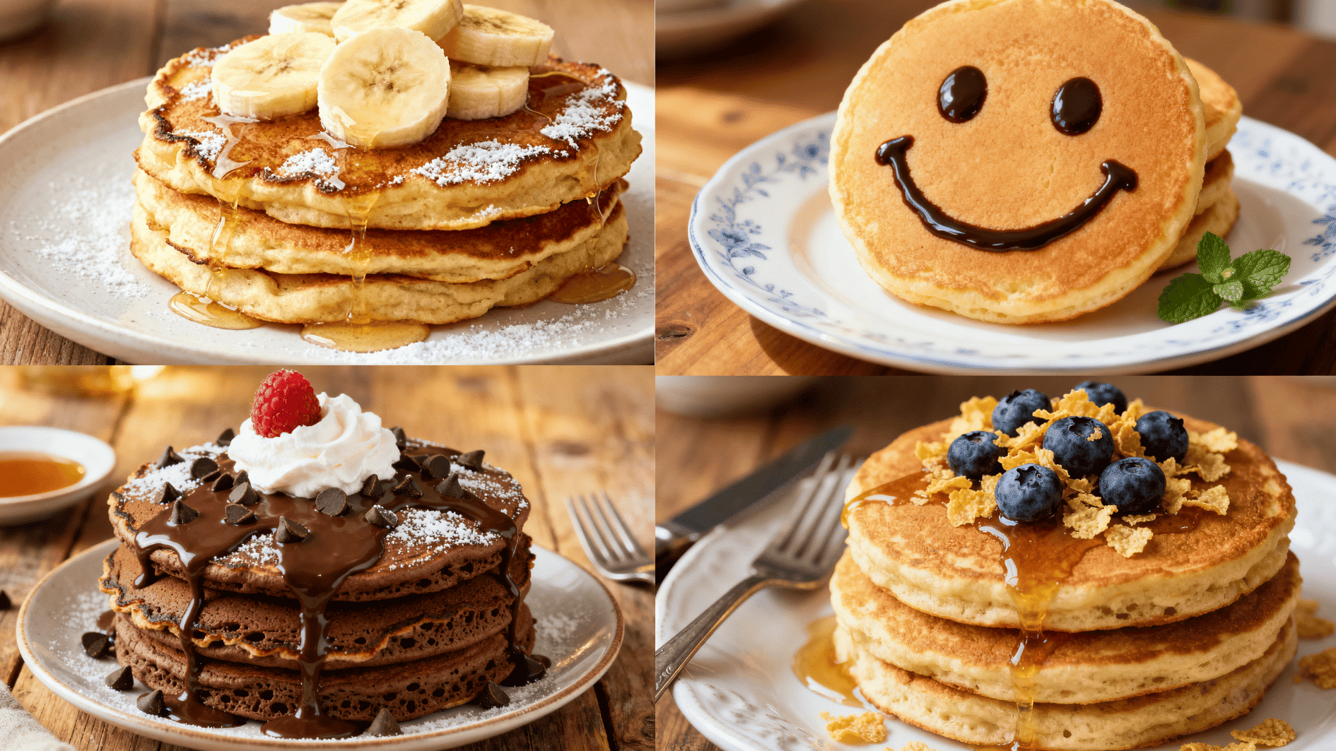 pancake variations including banana pancakes smiley face pancake chocolate pancakes with whipped cream and blueberry pancakes with syrup