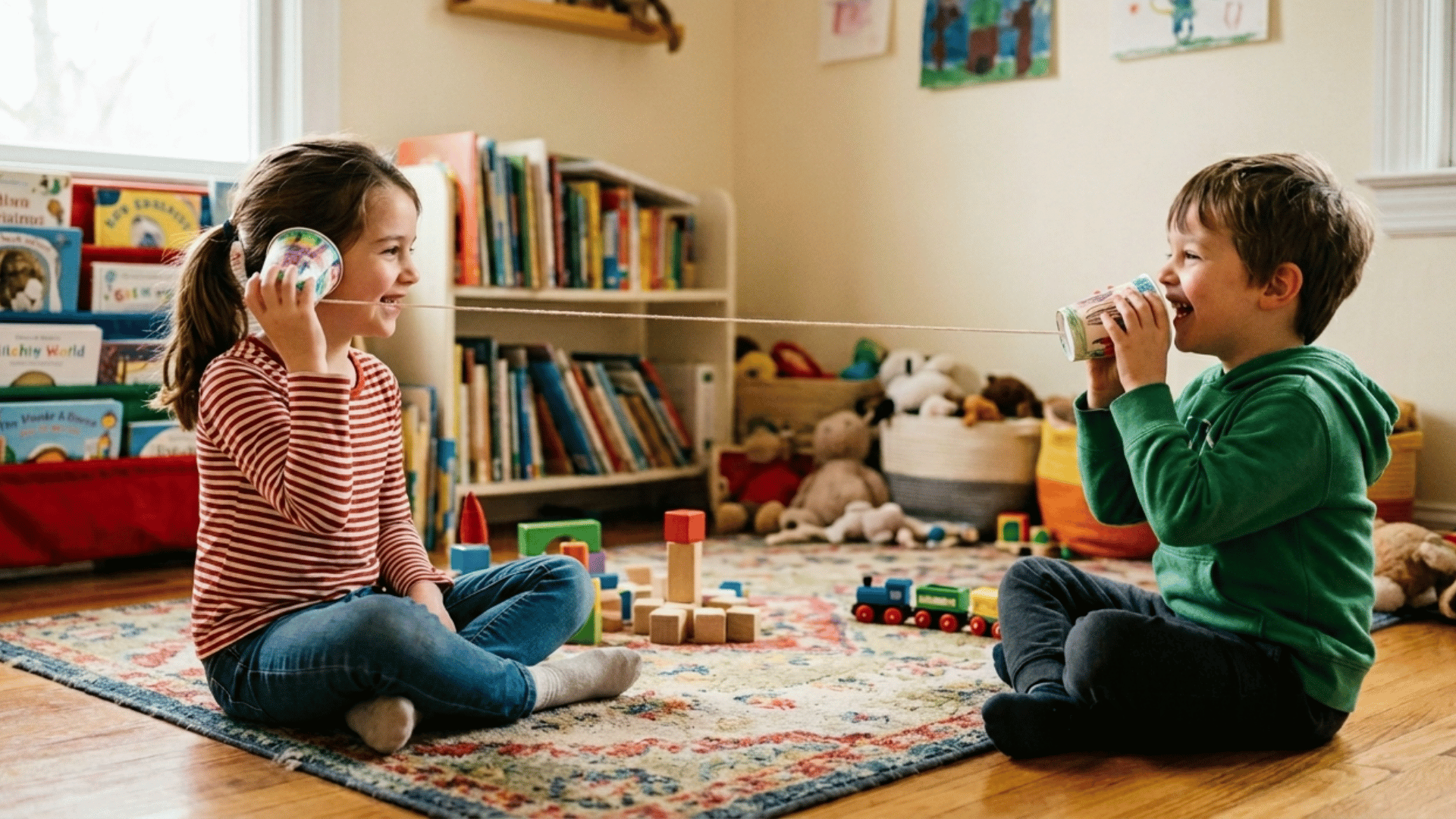 paper cup telephone game with string stretched between two children indoors