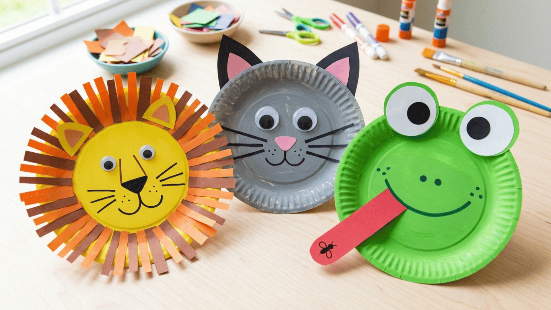 paper plate animal craft with paint, paper ears, and markers at a table