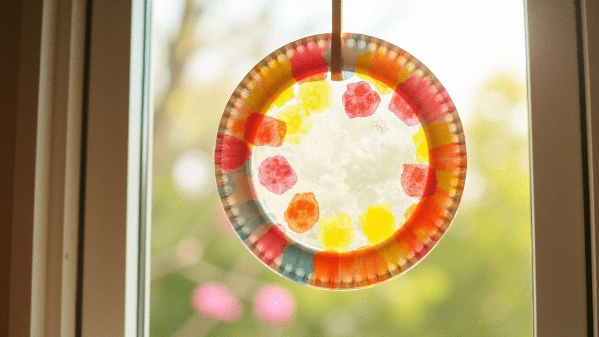 paper plate rim holding colorful tissue paper pieces glued over a clear center