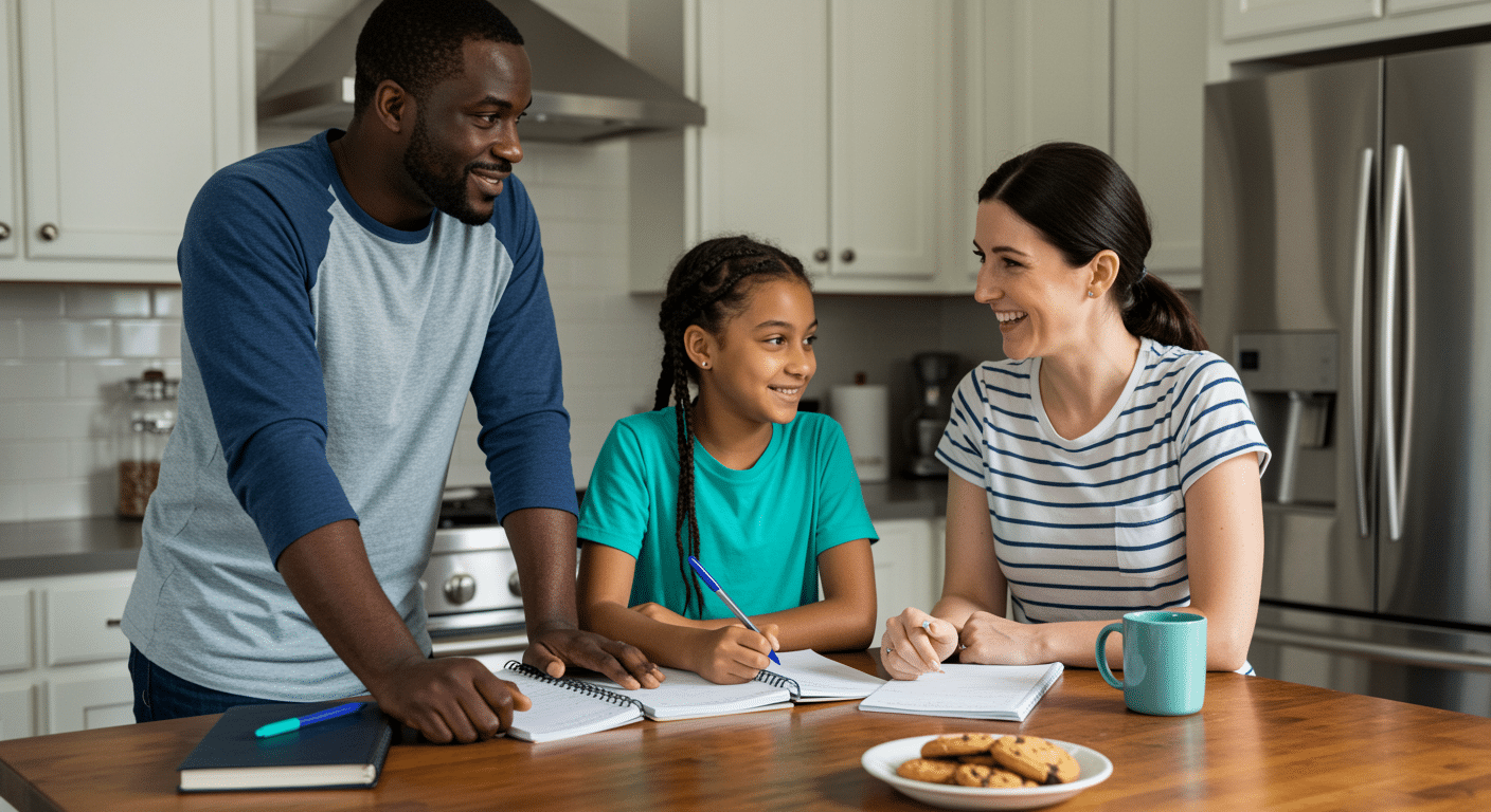 parent standing with their tween child, having an open and supportive conversation about growing up and changes.