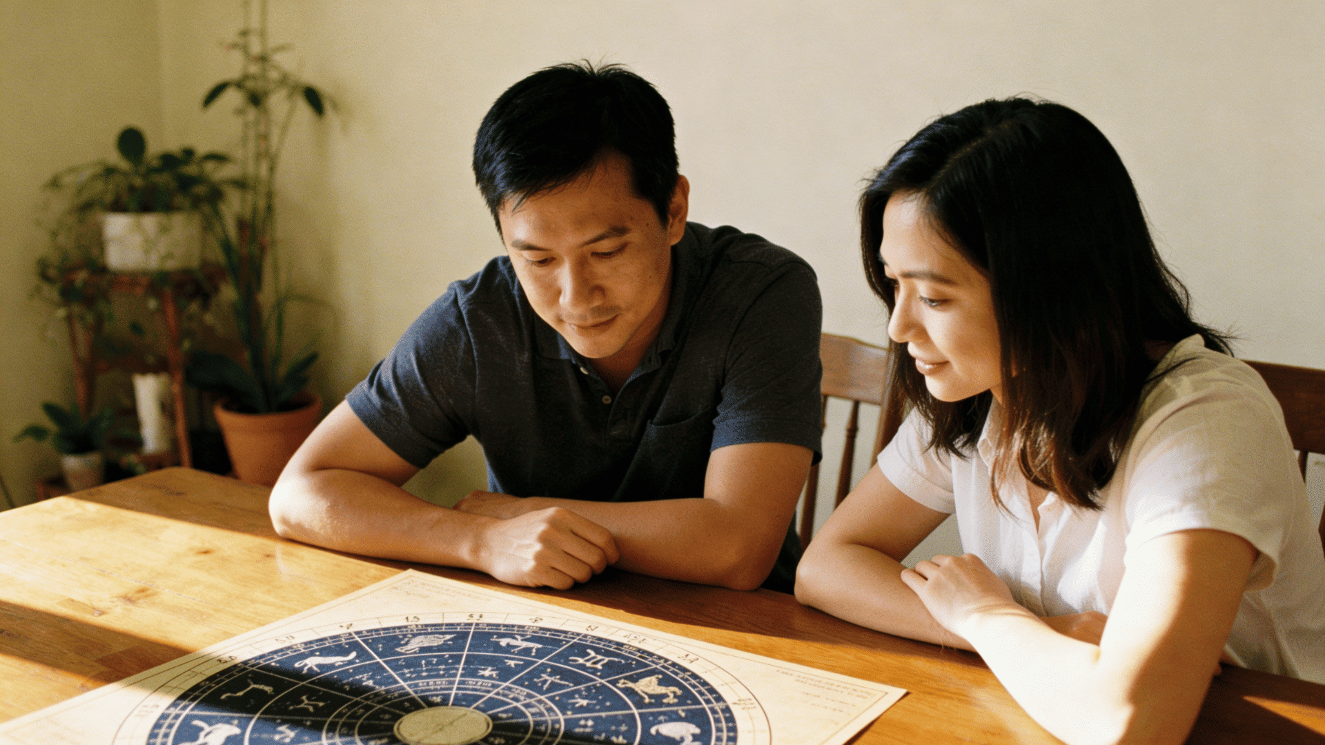 parents sitting at a wooden table reviewing a zodiac astrology chart for baby name inspiration at home.