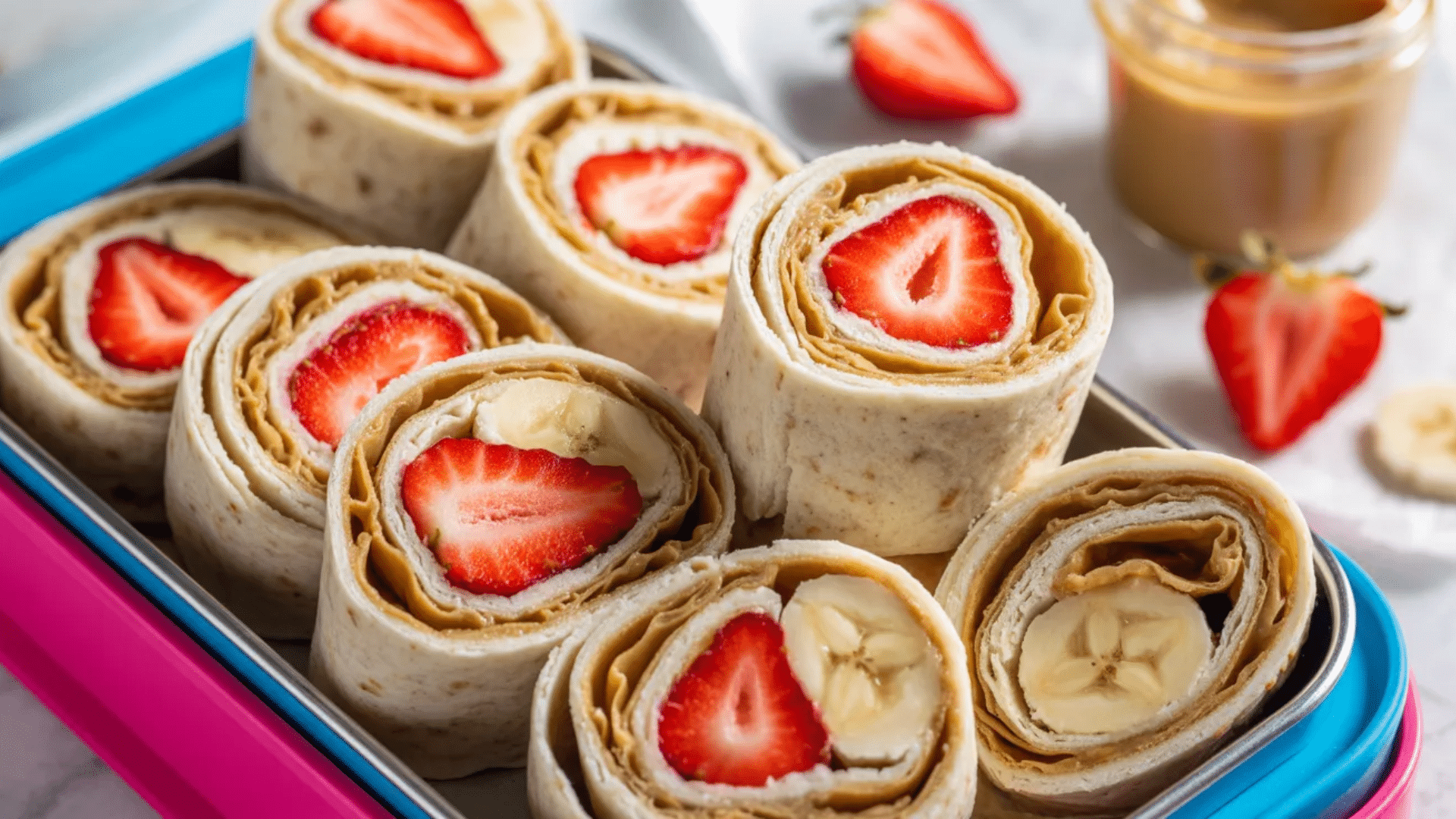 peanut butter tortilla roll ups sliced into pinwheels with strawberries and bananas arranged in lunchbox with jar of peanut butter nearby