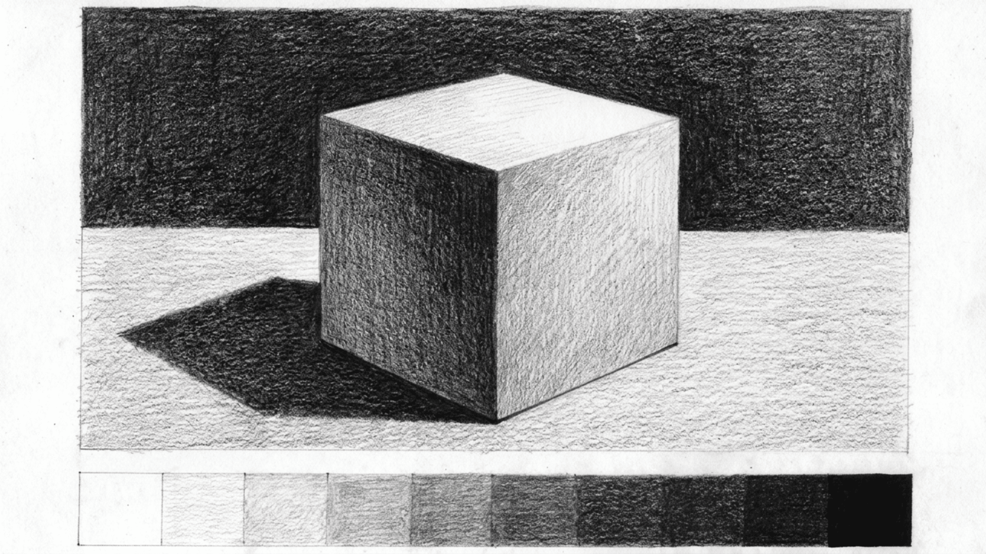 pencil drawing of shaded cube with value scale showing light to dark tones