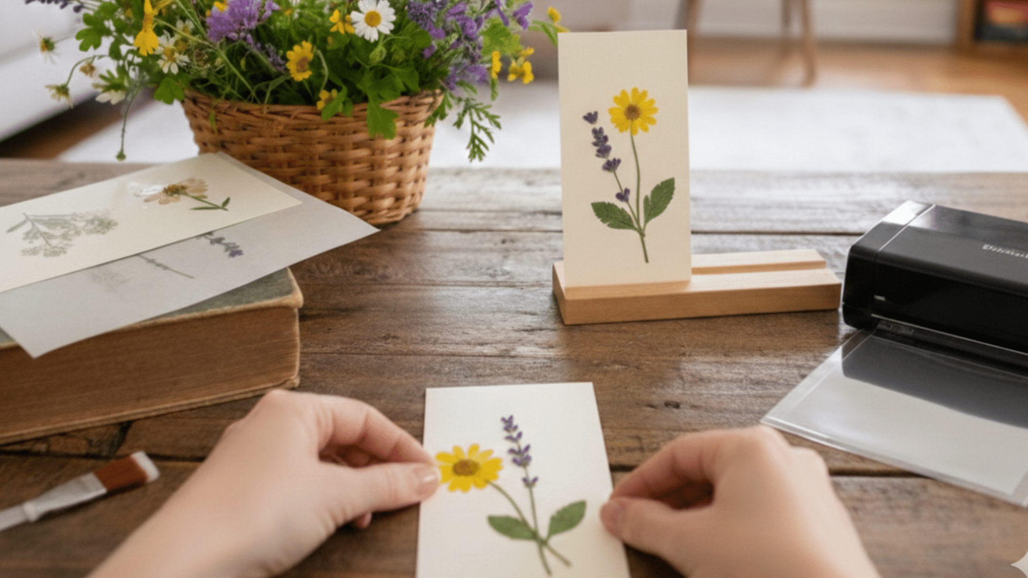 person arranges pressed flowers onto a card, with a bottle of Mod Podge glue, a floral bouquet, and a laminating machine nearby.
