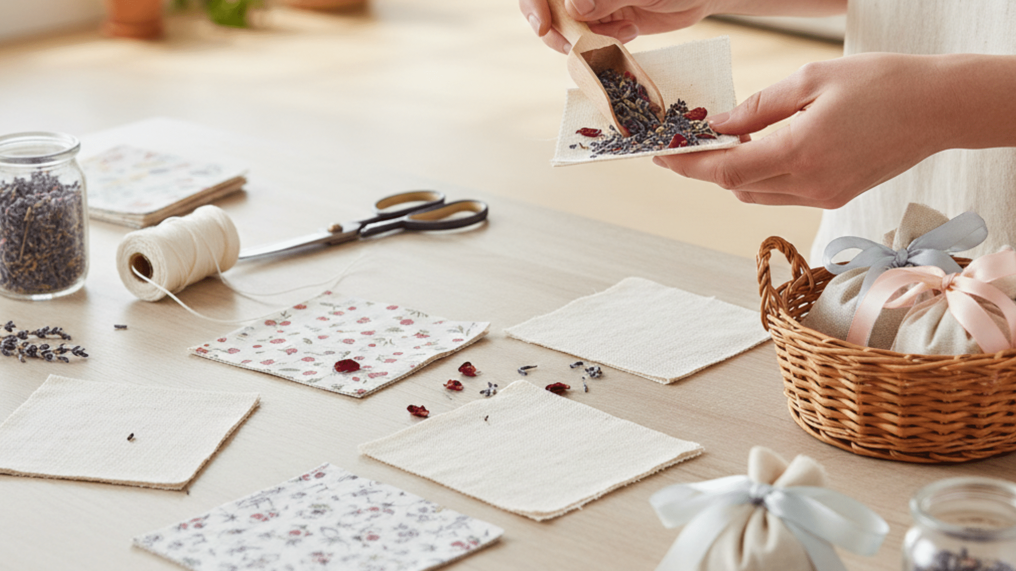 person fills small fabric sachets with lavender while working on a crafting table surrounded by floral materials.