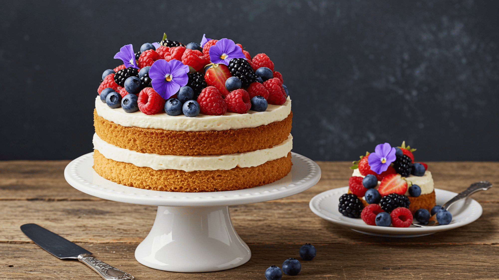 petite round cake on porcelain stand, mixed berries and edible flowers