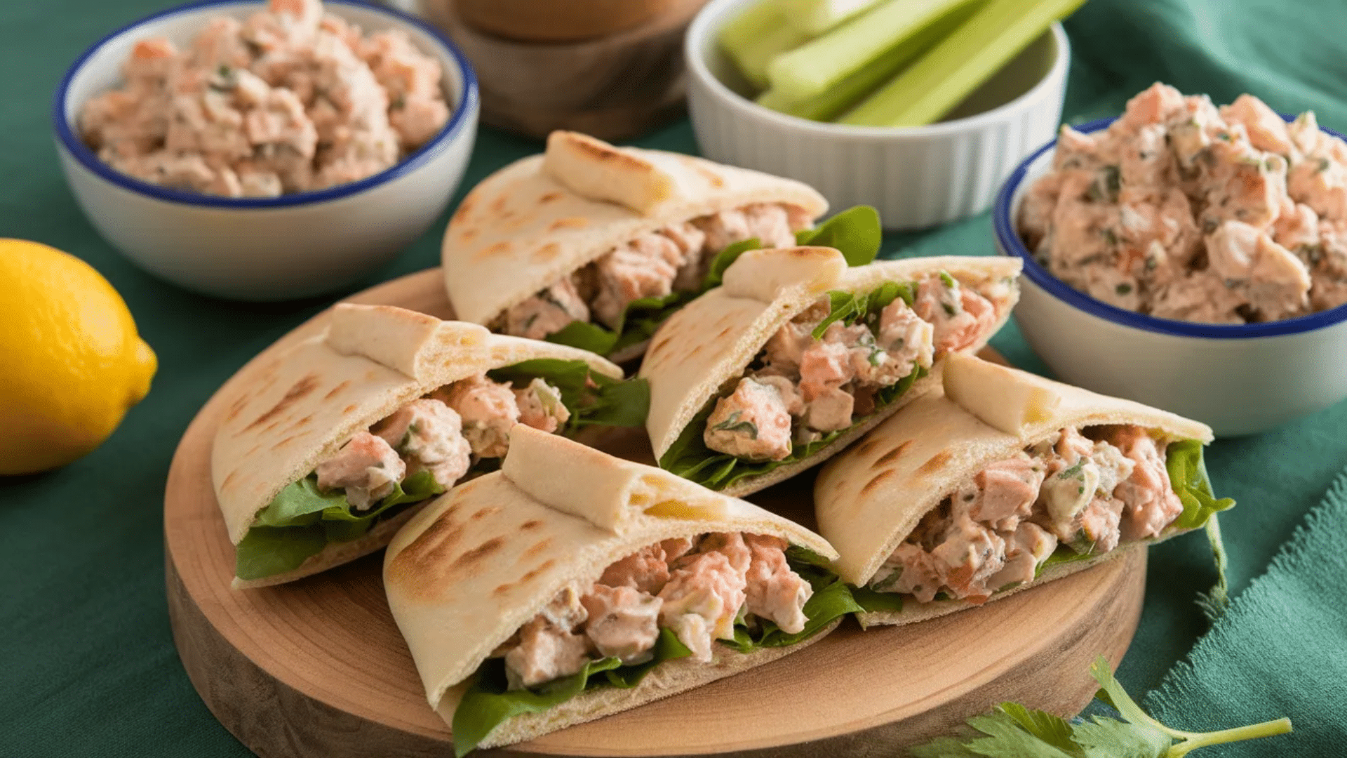 pita pockets filled with creamy salmon salad and greens on wooden board with lemon celery sticks and bowls of salmon mixture near it