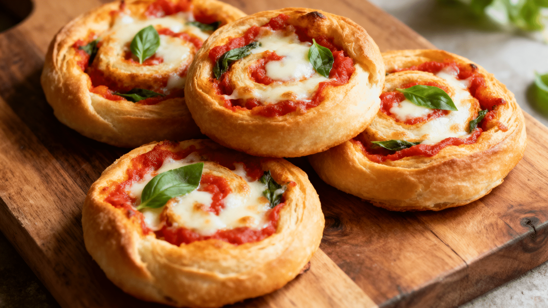 pizza pinwheels sliced into bite sized spirals with visible sauce and cheese on a platte