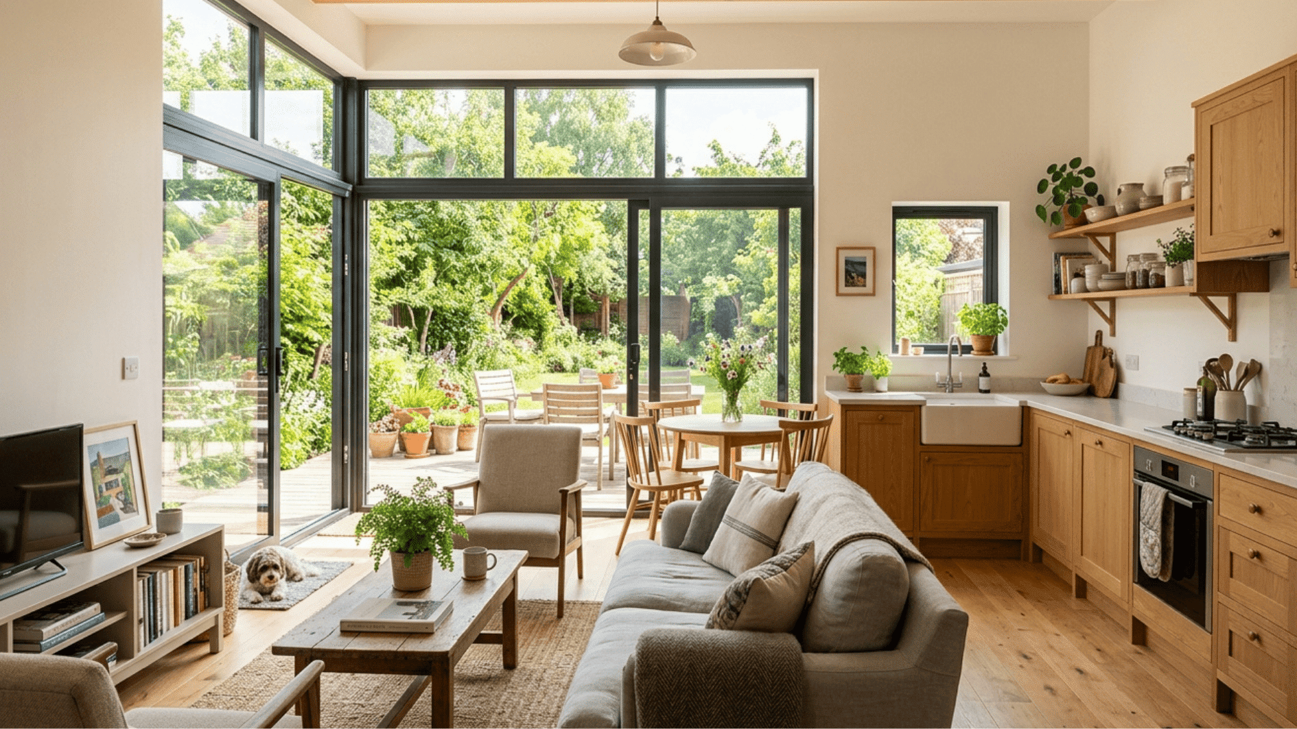 plan living room furniture layout with sofa, armchairs, coffee table, and large windows facing garden patio
