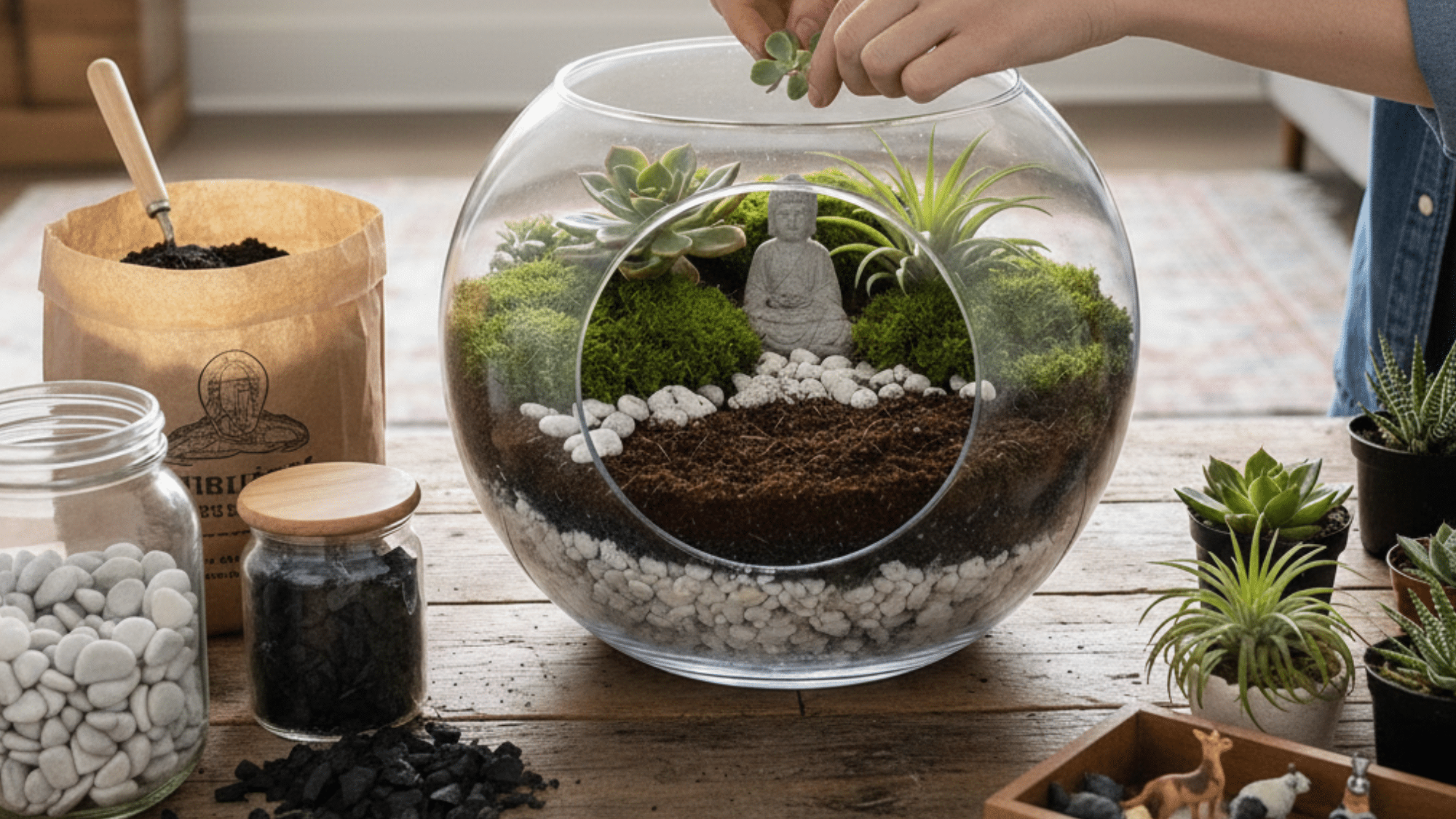 planting a DIY terrarium with succulents and moss in a glass container