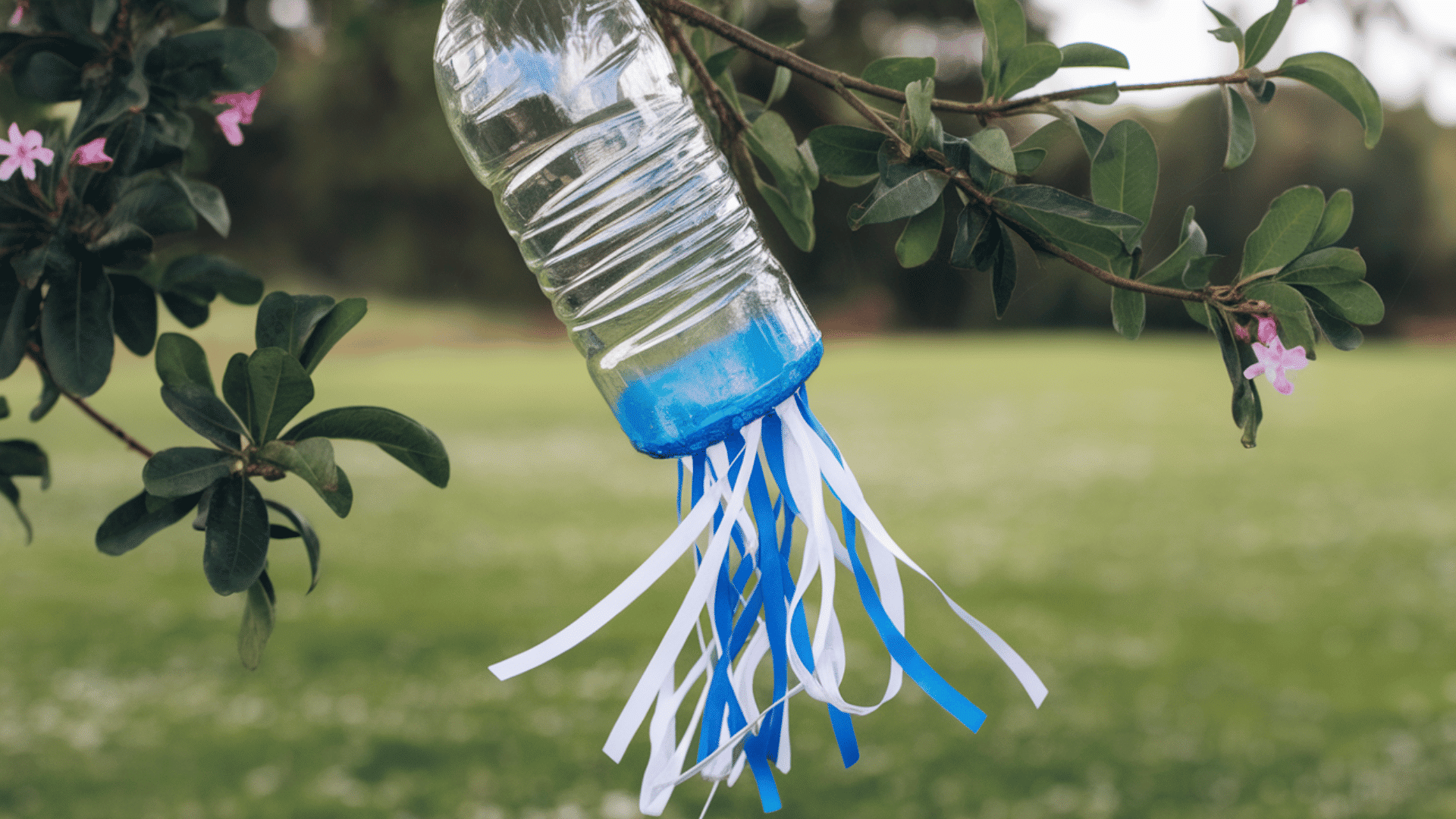 plastic bottle with bottom cut off, painted blue inside, decorated with long ribbon tentacles hanging down