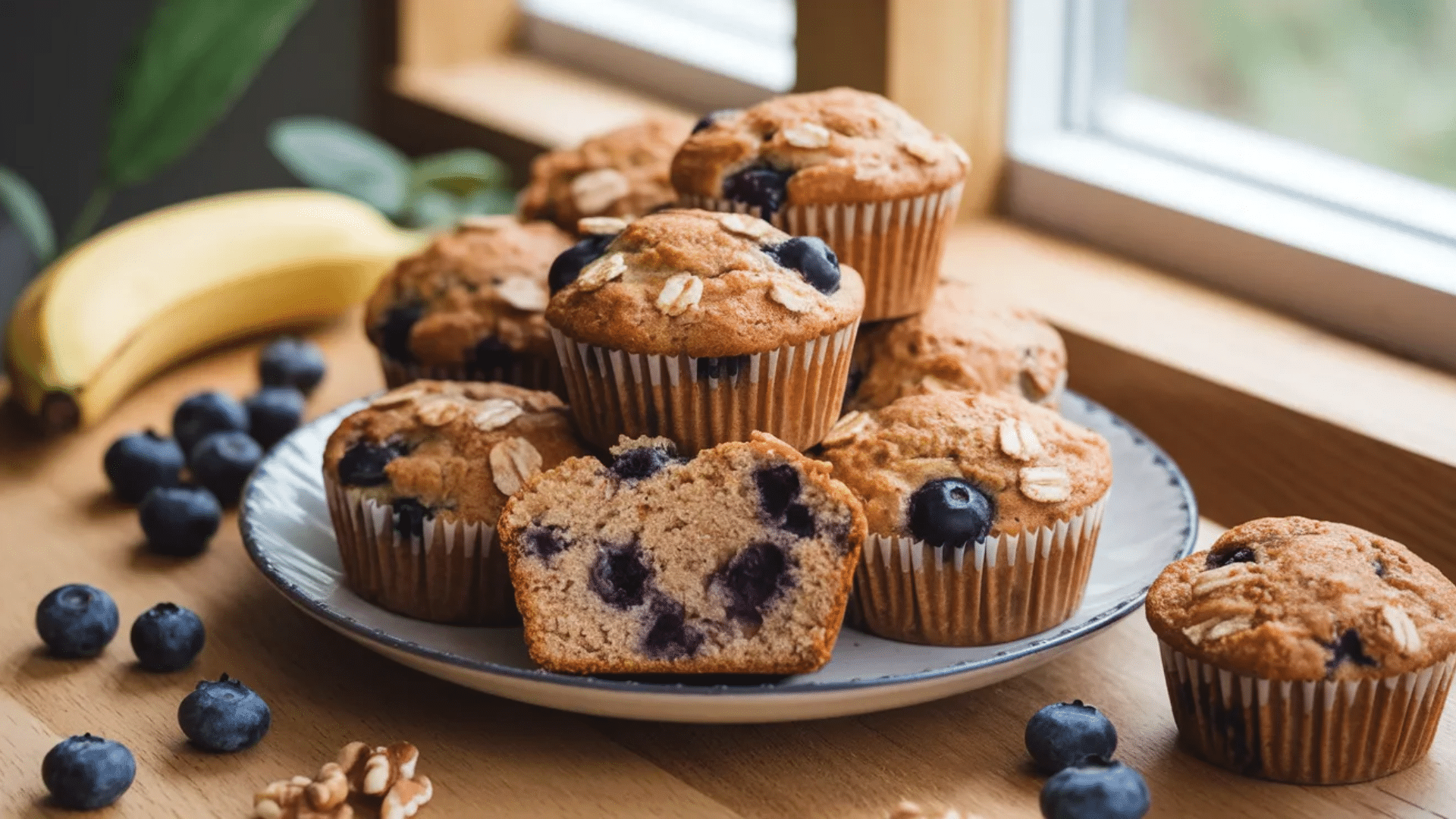 plate of blueberry muffins with oats topping near window with fresh blueberries banana and walnuts on wooden table natural light