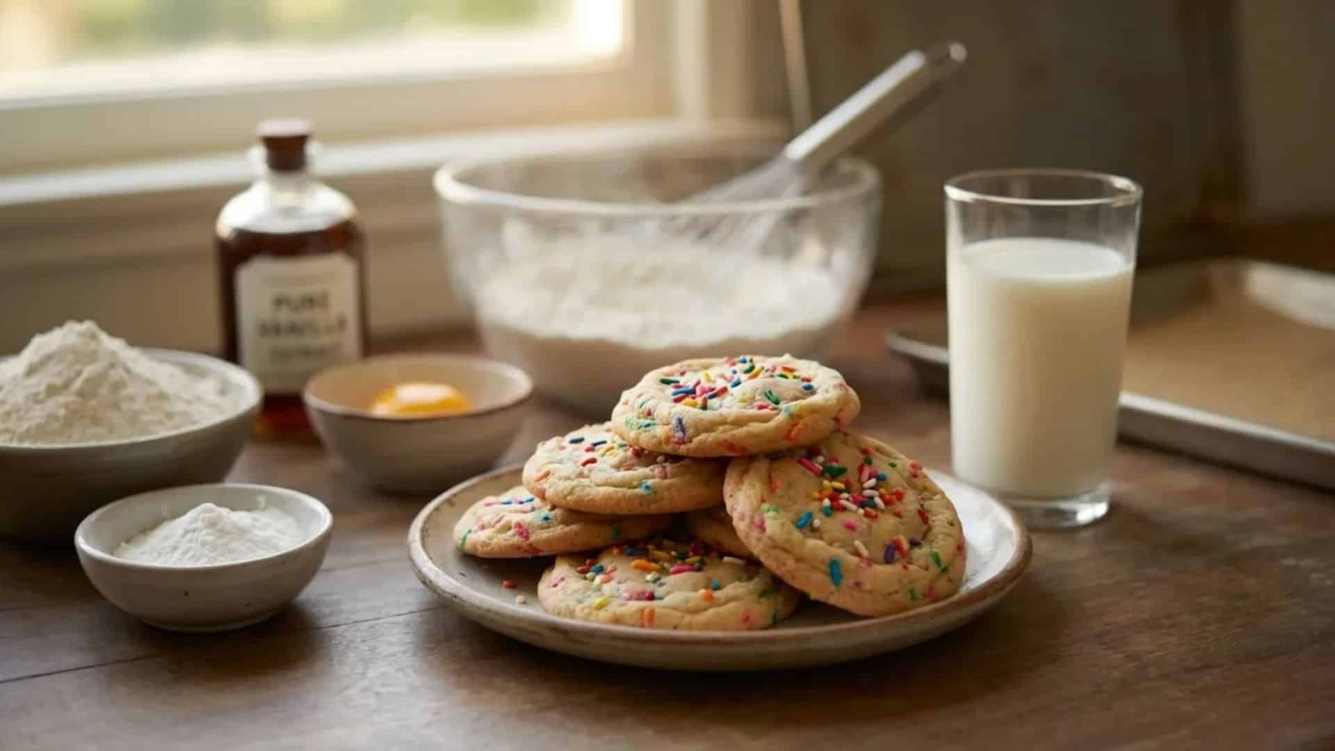 plate of homemade sprinkle cookies with colorful rainbow sprinkles on a wooden kitchen table, with a glass of milk and baking ingredients in the background