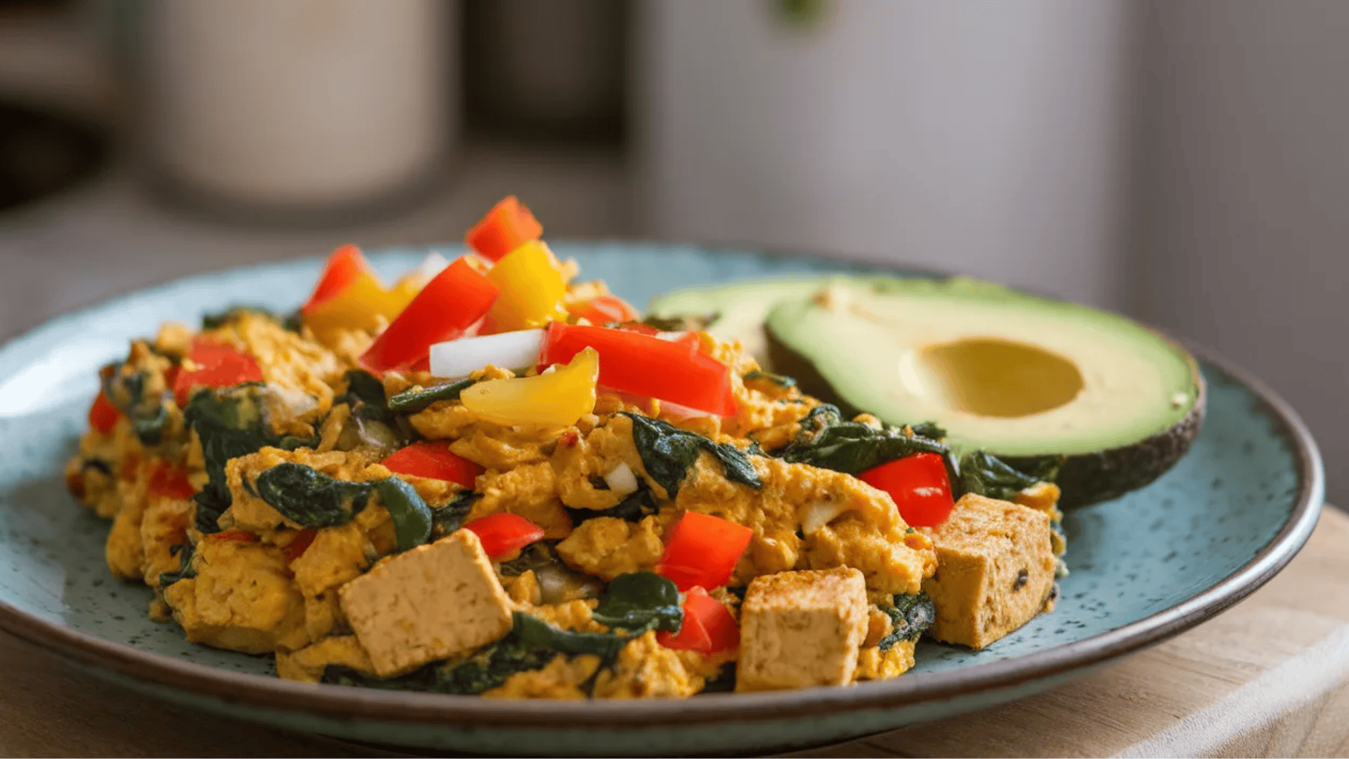 plate of tofu scramble with spinach, bell peppers, and avocado slices, served with cubes of tofu