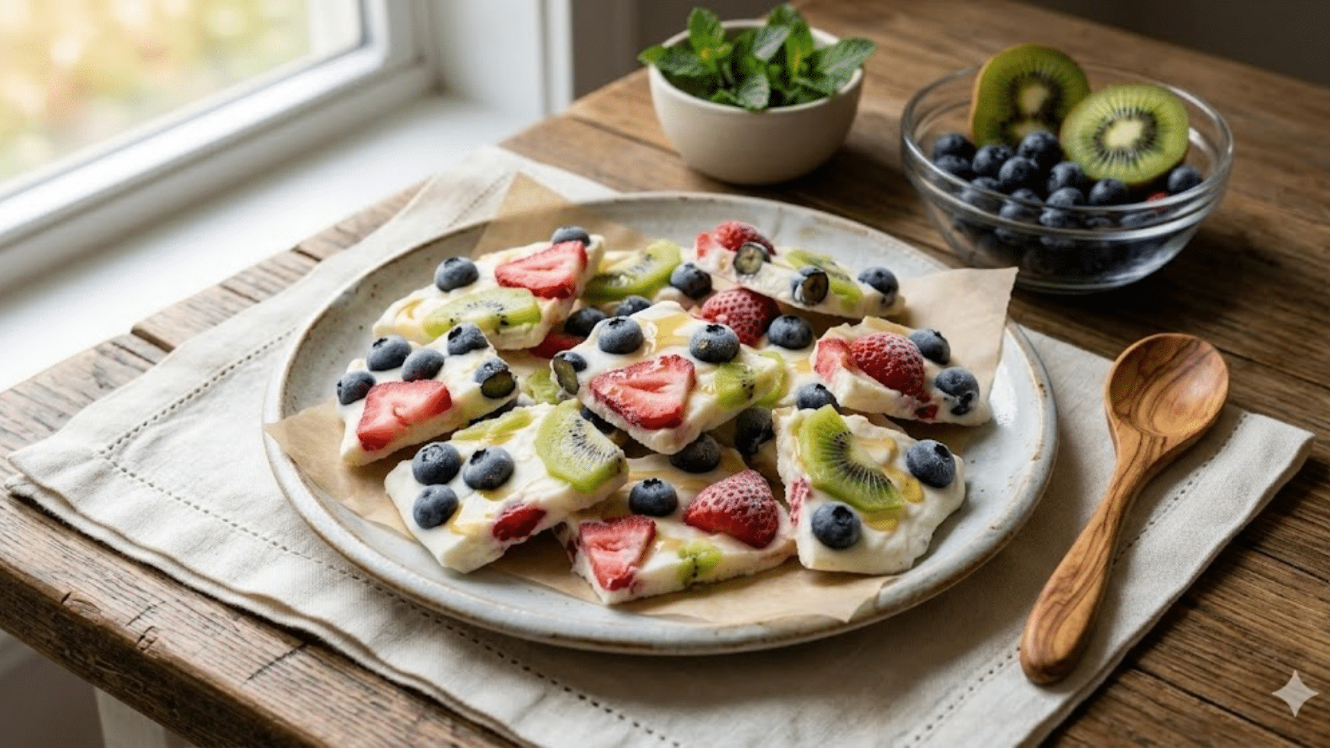 plate of yogurt bark topped with strawberries kiwi and blueberries on wooden table with bowl of blueberries and fresh mint nearby