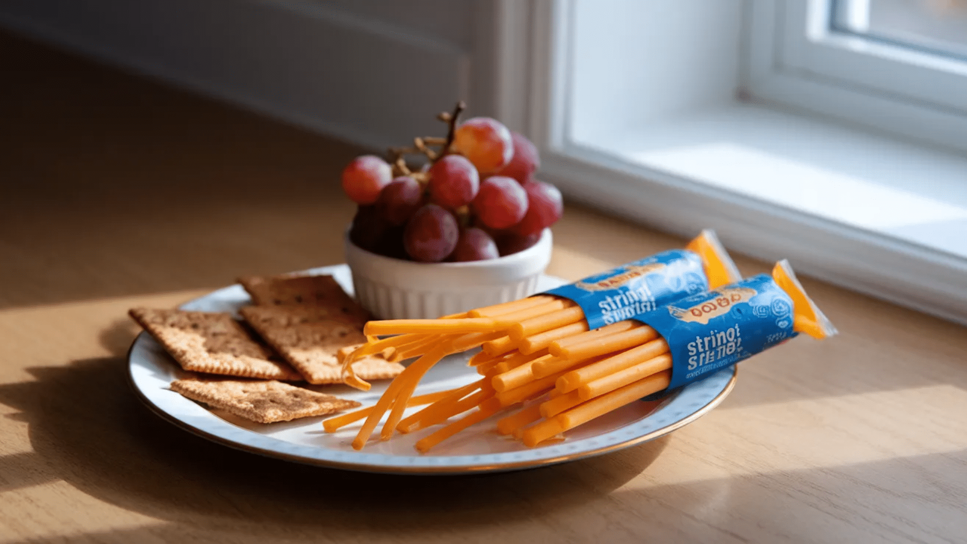 plate with string cheese sticks crackers and bowl of red grapes placed on wooden table near window in natural sunlight