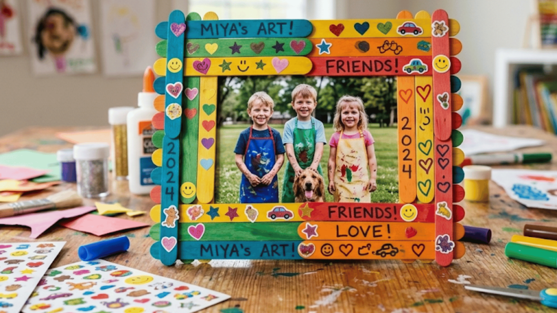 popsicle stick photo frame painted and decorated by kids with stickers and markers