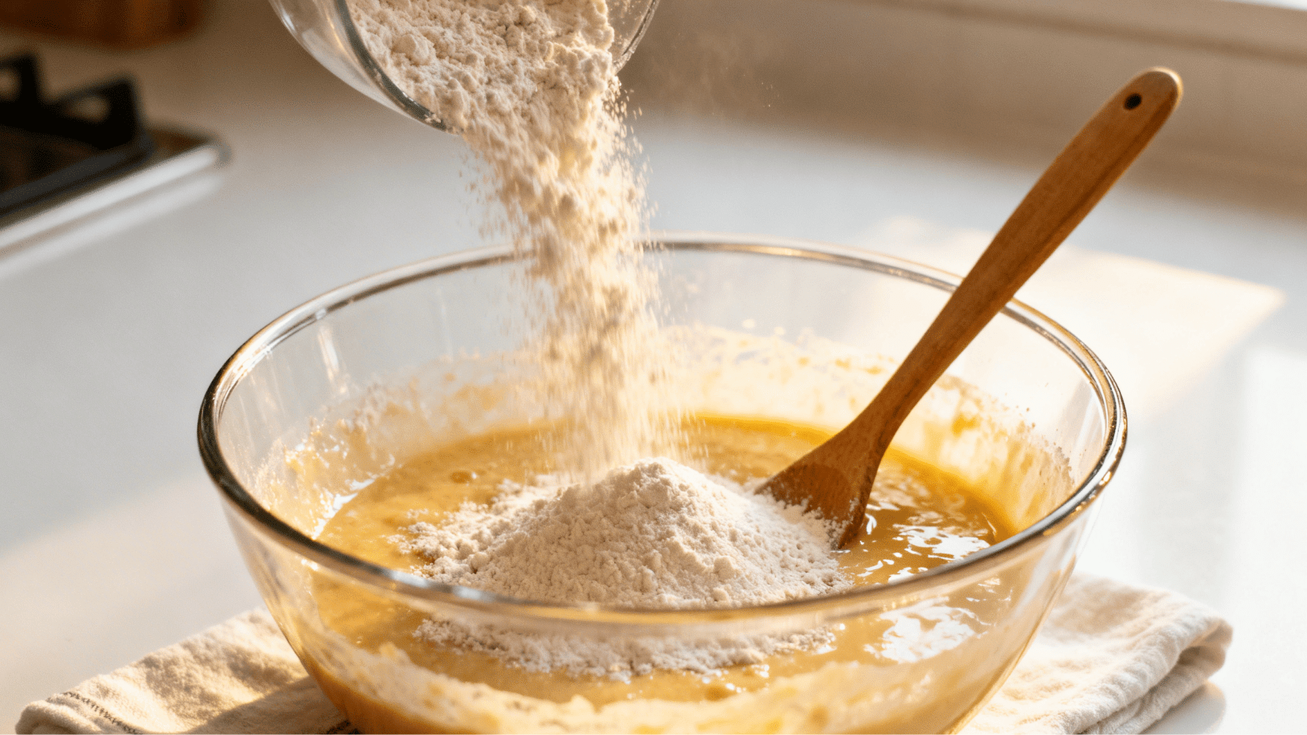 pouring flour into a bowl of muffin batter while mixing ingredients with a wooden spoon