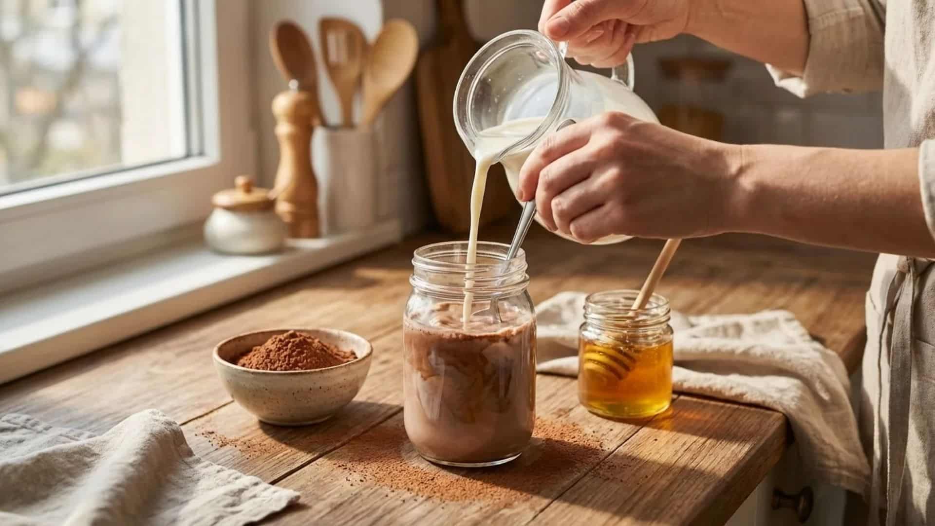 pouring milk into a jar with chocolate mixture while stirring to blend homemade chocolate milk, with cocoa powder and a jar of honey on a wooden kitchen counter