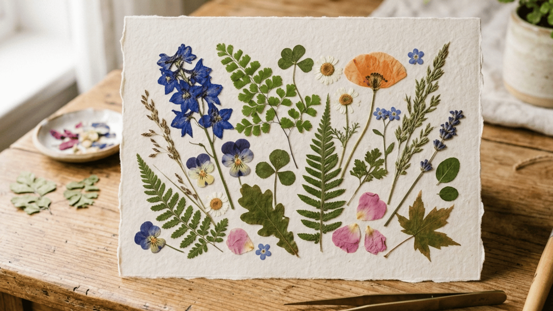 pressed flowers and leaves arranged on cardstock for simple nature art