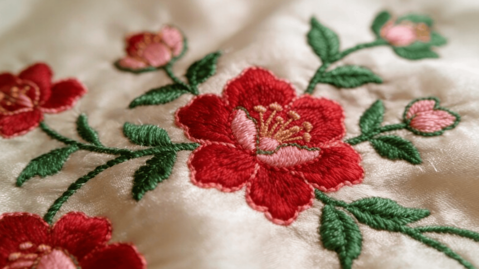pretty embroidery on a fabric, delicate gold thread floral motifs, fine silk texture visible