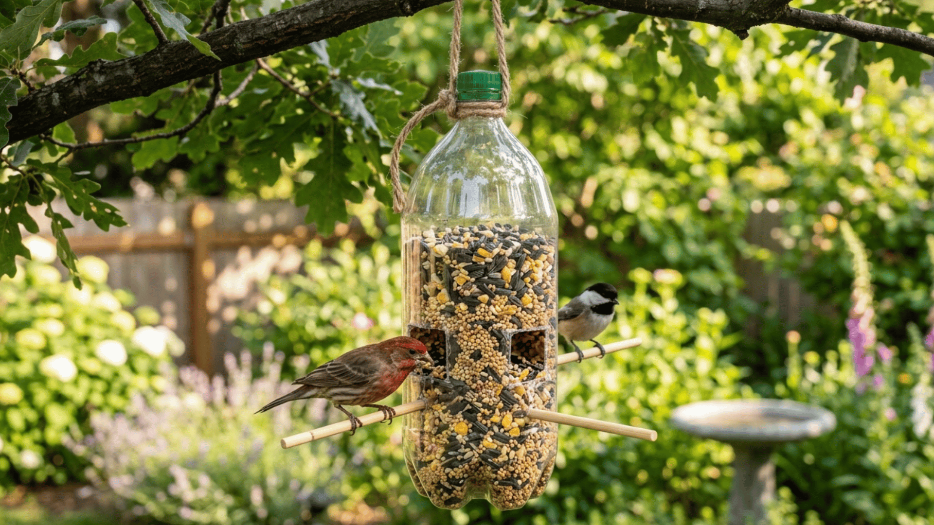 recycled plastic bottle bird feeder hanging outside filled with birdseed