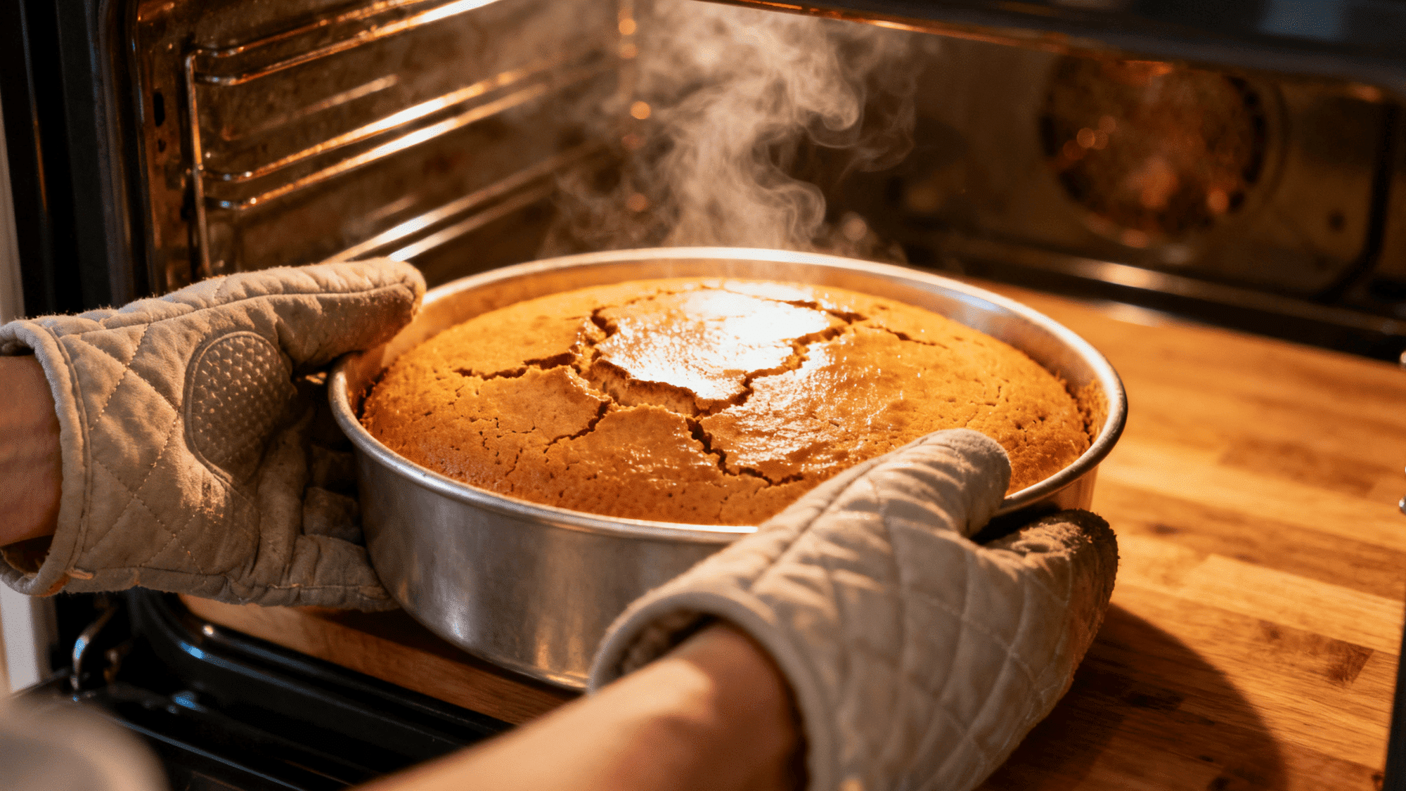 remove the cake from the oven and let it rest in the pan for about 10 minutes.