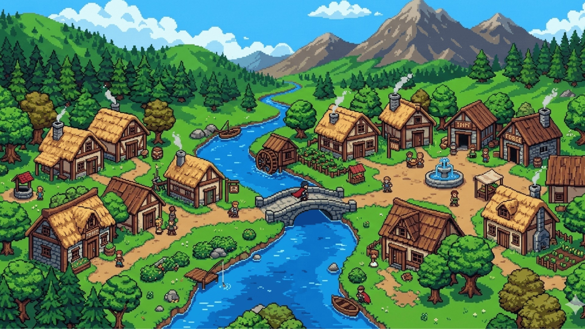 retro pixel art village scene with small houses, trees, and river built from square pixels, showing classic 16 bit video game graphics style
