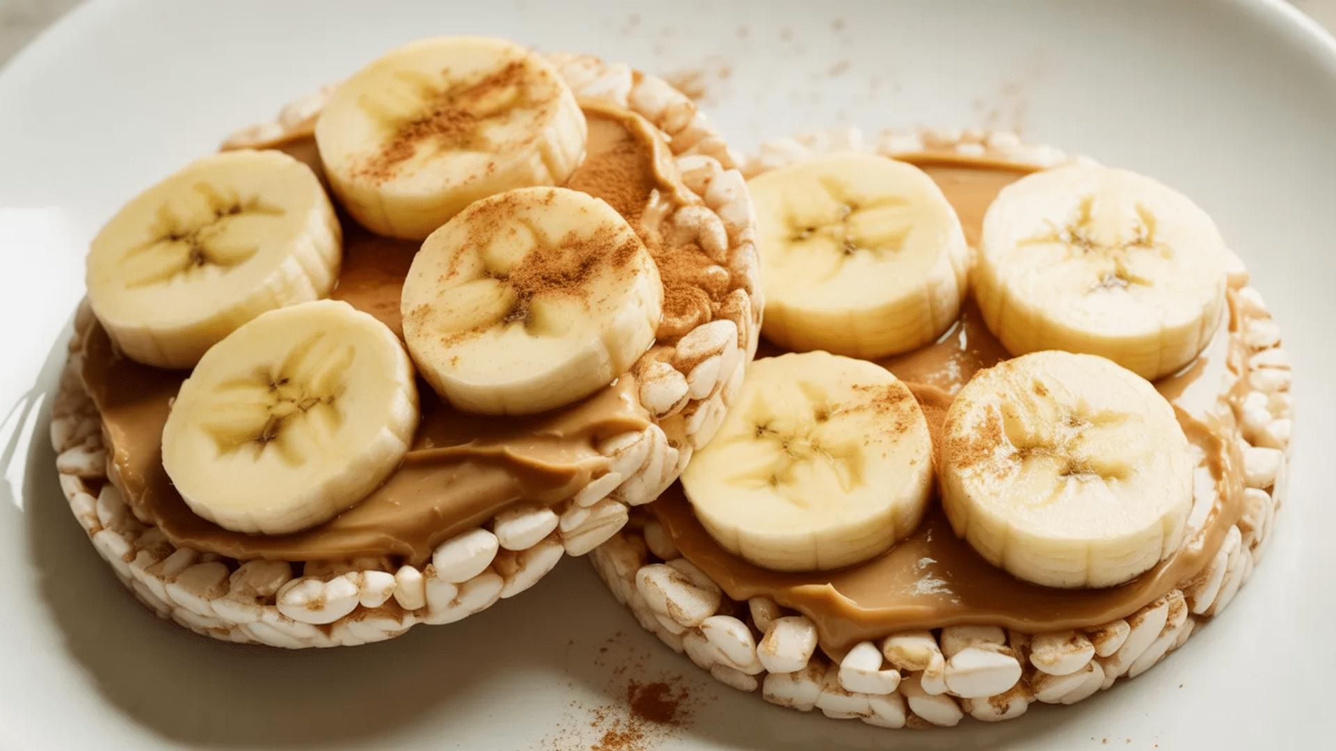 rice cakes topped with peanut butter banana slices and cinnamon on white plate forming a simple healthy snack arrangement